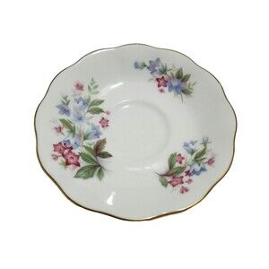 Royal Vale England Porcelain Saucer White Bluebells Pink Flowers Gold Scalloped